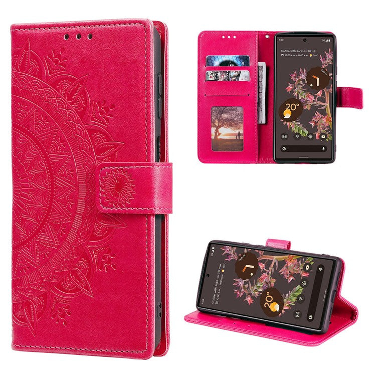 Mandala Flower Pattern Imprinted PU Leather Flip Cover Stand Wallet Folio Phone Case with Strap for Google Pixel 6 - Red