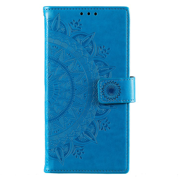 Mandala Flower Pattern Imprinted PU Leather Flip Cover Stand Wallet Folio Phone Case with Strap for Google Pixel 6 - Blue