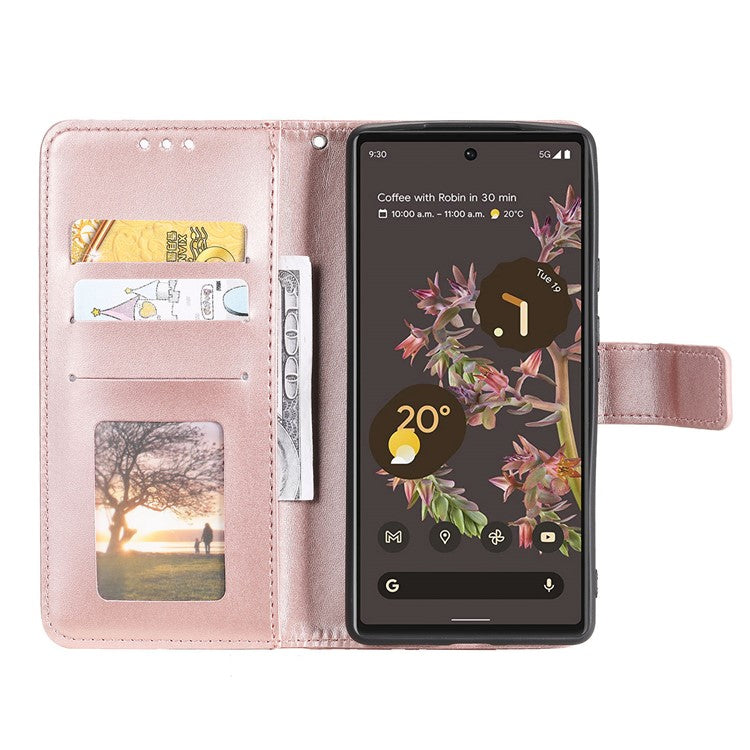 Mandala Flower Pattern Imprinted PU Leather Flip Cover Stand Wallet Folio Phone Case with Strap for Google Pixel 6 - Rose Gold