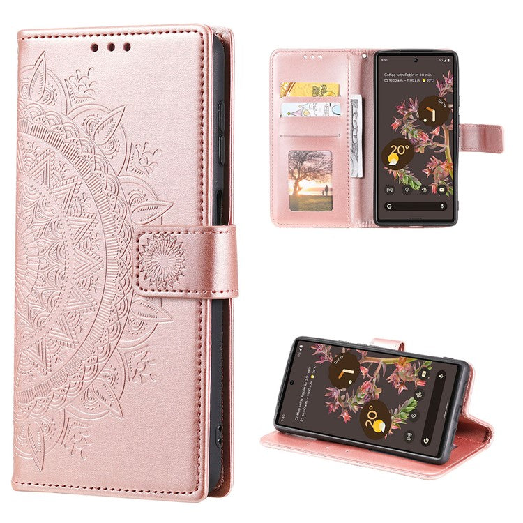 Mandala Flower Pattern Imprinted PU Leather Flip Cover Stand Wallet Folio Phone Case with Strap for Google Pixel 6 - Rose Gold