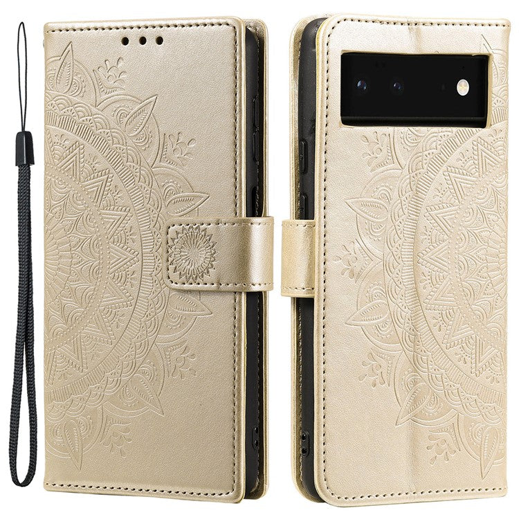 Mandala Flower Pattern Imprinted PU Leather Flip Cover Stand Wallet Folio Phone Case with Strap for Google Pixel 6 - Gold