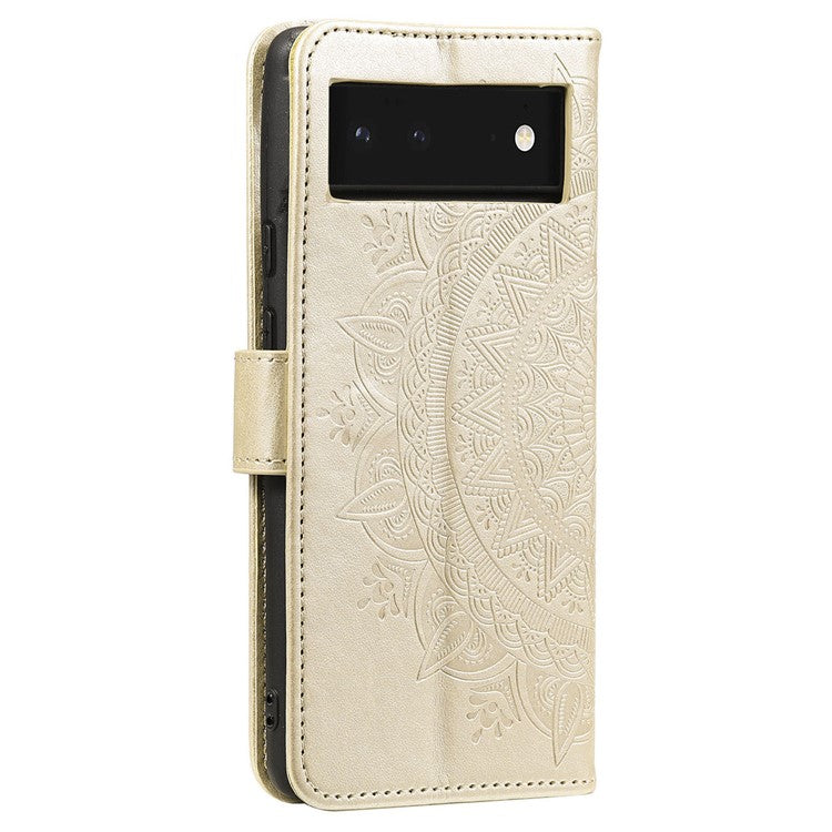 Mandala Flower Pattern Imprinted PU Leather Flip Cover Stand Wallet Folio Phone Case with Strap for Google Pixel 6 - Gold