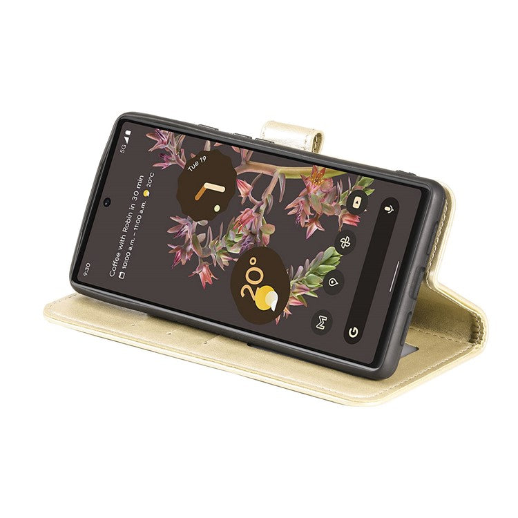 Mandala Flower Pattern Imprinted PU Leather Flip Cover Stand Wallet Folio Phone Case with Strap for Google Pixel 6 - Gold