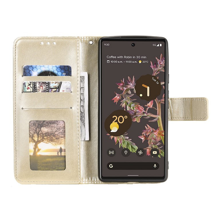 Mandala Flower Pattern Imprinted PU Leather Flip Cover Stand Wallet Folio Phone Case with Strap for Google Pixel 6 - Gold