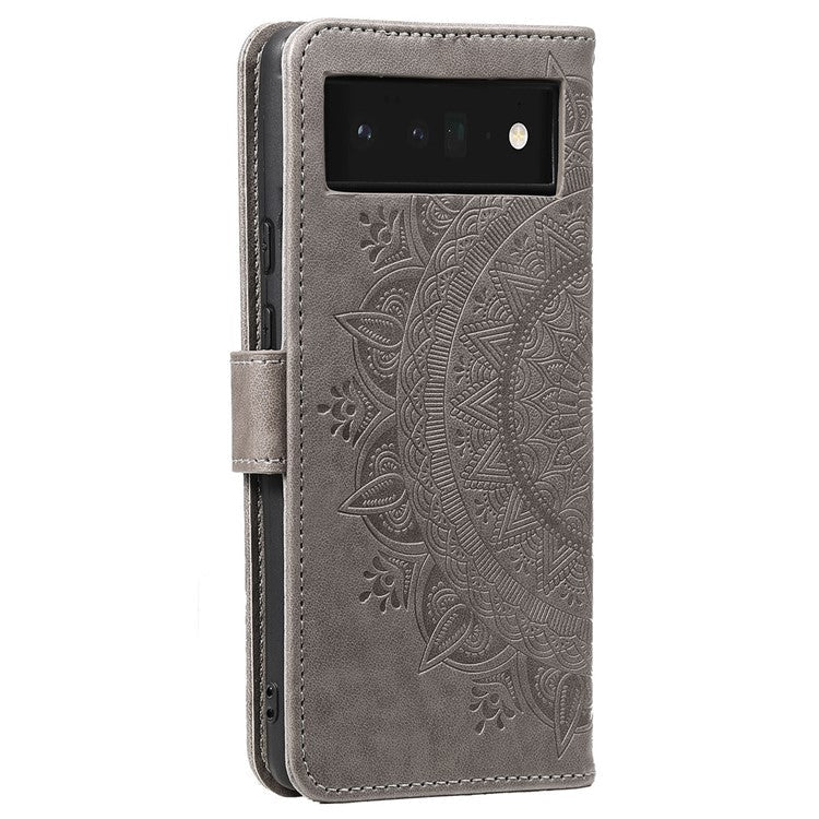 Mandala Flower Pattern Imprinted Wallet Flip PU Leather Stand Case with Strap for Google Pixel 6 Pro - Grey