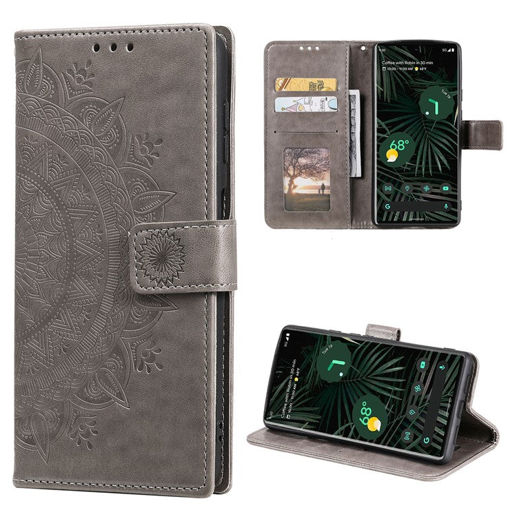 Mandala Flower Pattern Imprinted Wallet Flip PU Leather Stand Case with Strap for Google Pixel 6 Pro - Grey