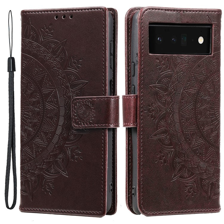 Mandala Flower Pattern Imprinted Wallet Flip PU Leather Stand Case with Strap for Google Pixel 6 Pro - Brown