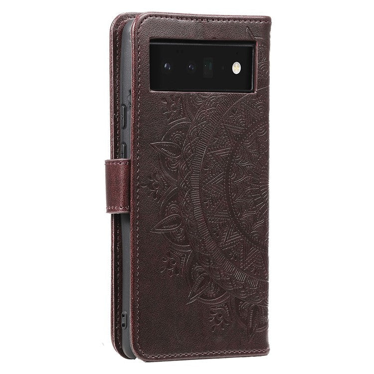 Mandala Flower Pattern Imprinted Wallet Flip PU Leather Stand Case with Strap for Google Pixel 6 Pro - Brown