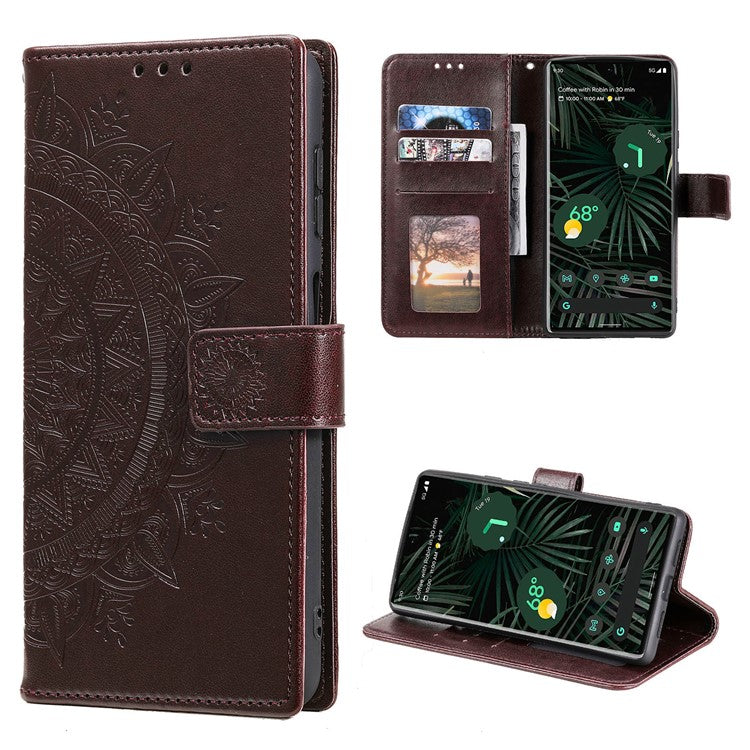 Mandala Flower Pattern Imprinted Wallet Flip PU Leather Stand Case with Strap for Google Pixel 6 Pro - Brown