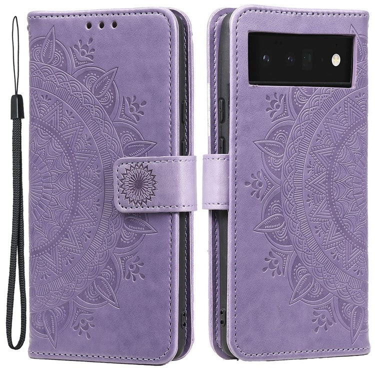 Mandala Flower Pattern Imprinted Wallet Flip PU Leather Stand Case with Strap for Google Pixel 6 Pro - Purple