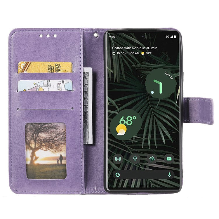 Mandala Flower Pattern Imprinted Wallet Flip PU Leather Stand Case with Strap for Google Pixel 6 Pro - Purple