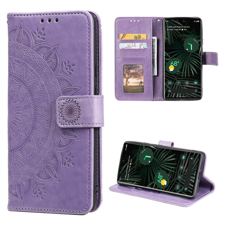 Mandala Flower Pattern Imprinted Wallet Flip PU Leather Stand Case with Strap for Google Pixel 6 Pro - Purple