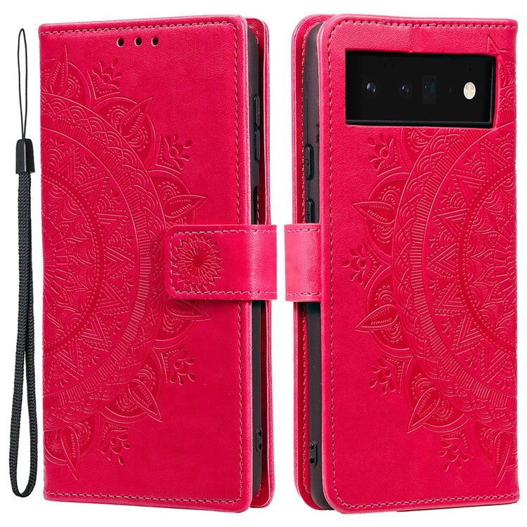 Mandala Flower Pattern Imprinted Wallet Flip PU Leather Stand Case with Strap for Google Pixel 6 Pro - Red