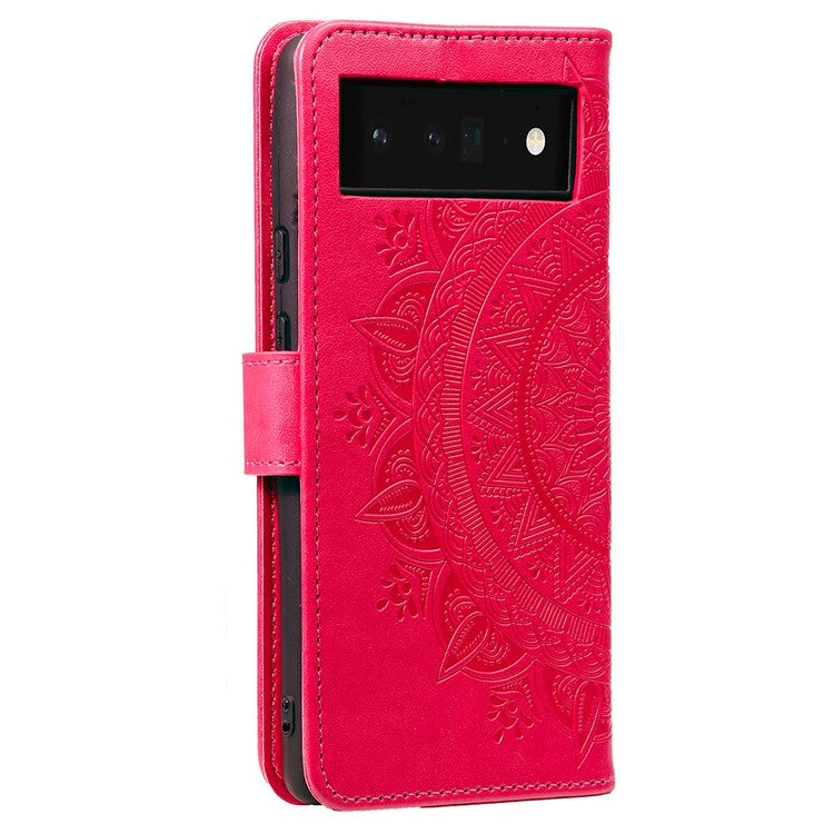 Mandala Flower Pattern Imprinted Wallet Flip PU Leather Stand Case with Strap for Google Pixel 6 Pro - Red