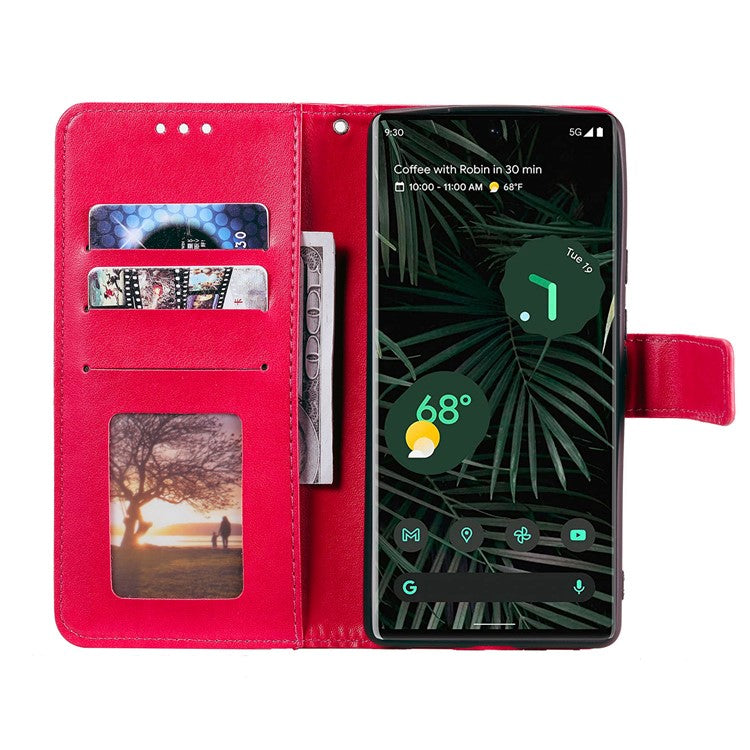 Mandala Flower Pattern Imprinted Wallet Flip PU Leather Stand Case with Strap for Google Pixel 6 Pro - Red