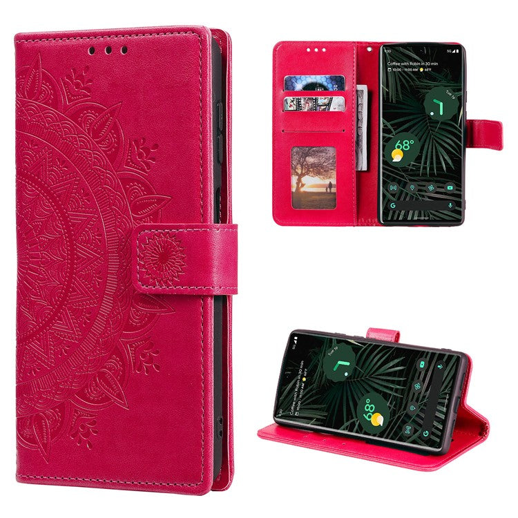 Mandala Flower Pattern Imprinted Wallet Flip PU Leather Stand Case with Strap for Google Pixel 6 Pro - Red