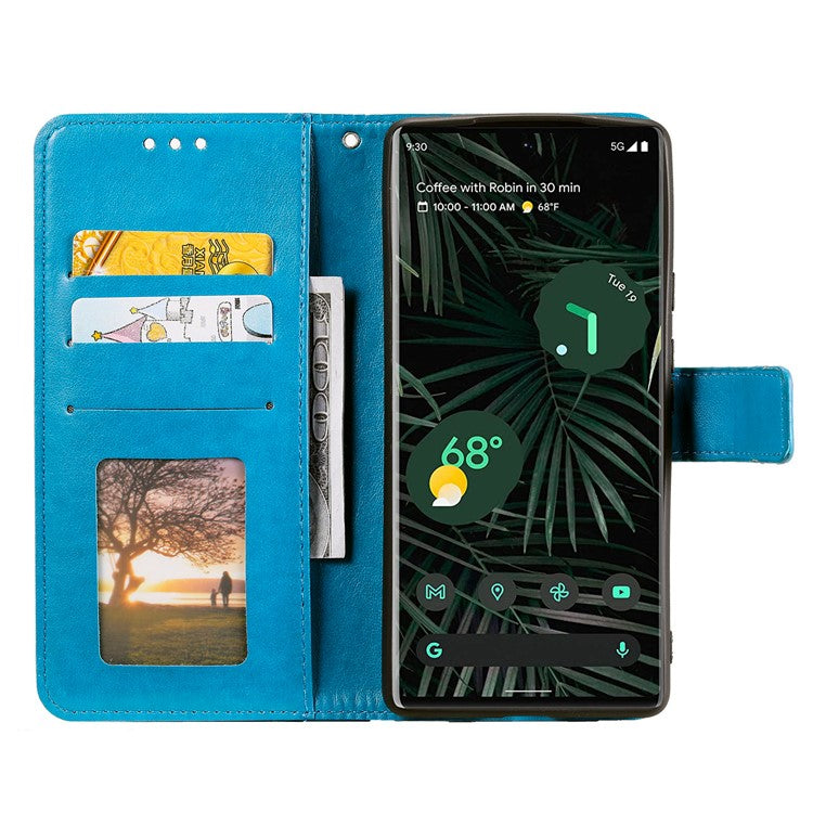 Mandala Flower Pattern Imprinted Wallet Flip PU Leather Stand Case with Strap for Google Pixel 6 Pro - Blue