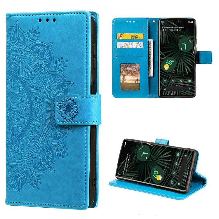 Mandala Flower Pattern Imprinted Wallet Flip PU Leather Stand Case with Strap for Google Pixel 6 Pro - Blue