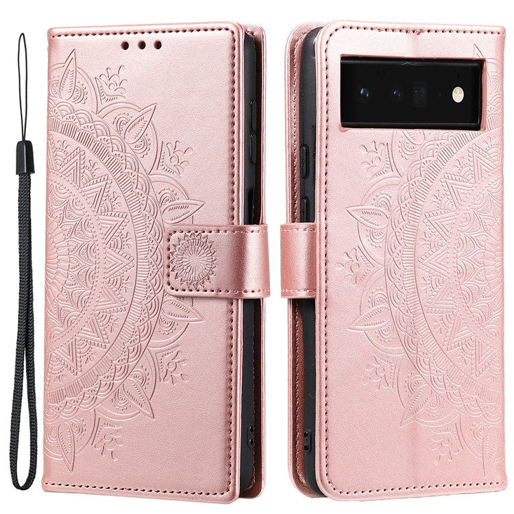Mandala Flower Pattern Imprinted Wallet Flip PU Leather Stand Case with Strap for Google Pixel 6 Pro - Rose Gold