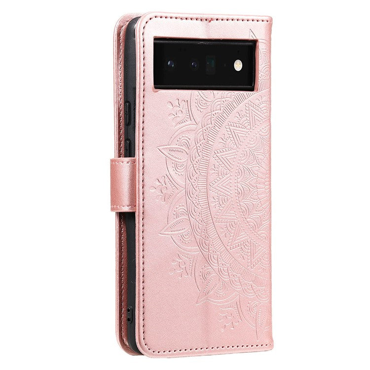 Mandala Flower Pattern Imprinted Wallet Flip PU Leather Stand Case with Strap for Google Pixel 6 Pro - Rose Gold