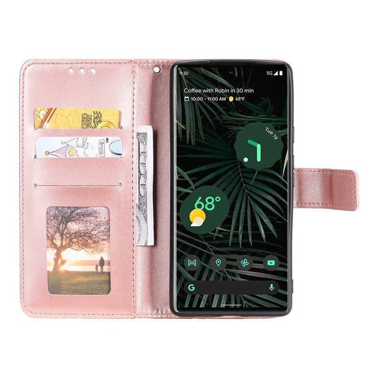 Mandala Flower Pattern Imprinted Wallet Flip PU Leather Stand Case with Strap for Google Pixel 6 Pro - Rose Gold
