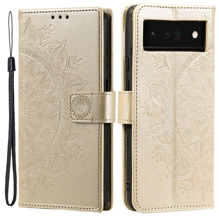 Mandala Flower Pattern Imprinted Wallet Flip PU Leather Stand Case with Strap for Google Pixel 6 Pro - Gold
