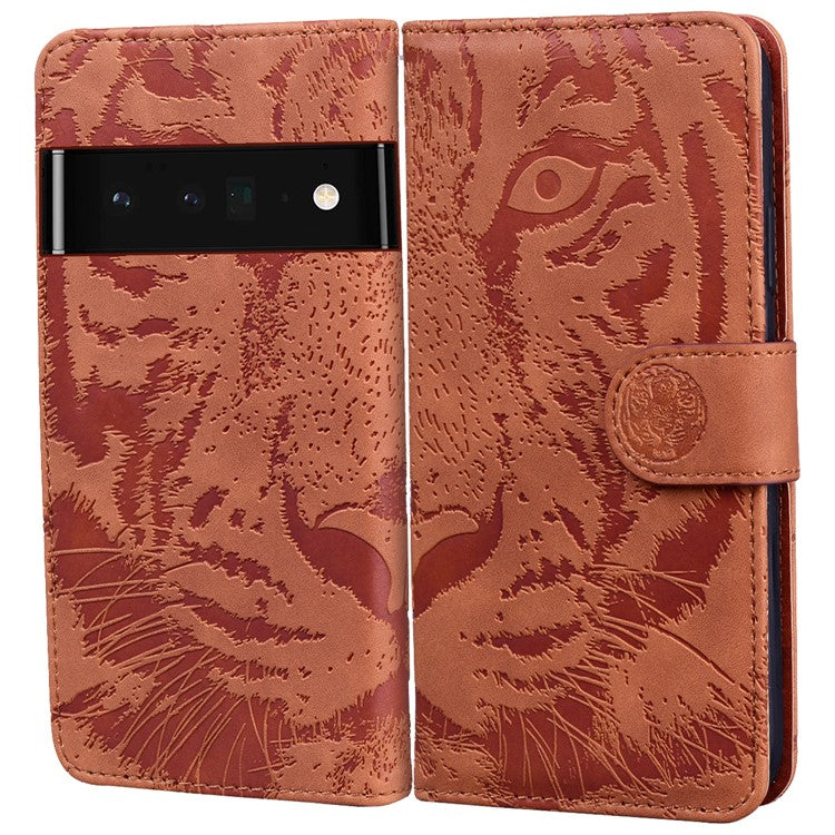 Tiger Imprinted PU Leather Phone Flip Case Cover with Wallet Stand for Google Pixel 6 Pro - Brown