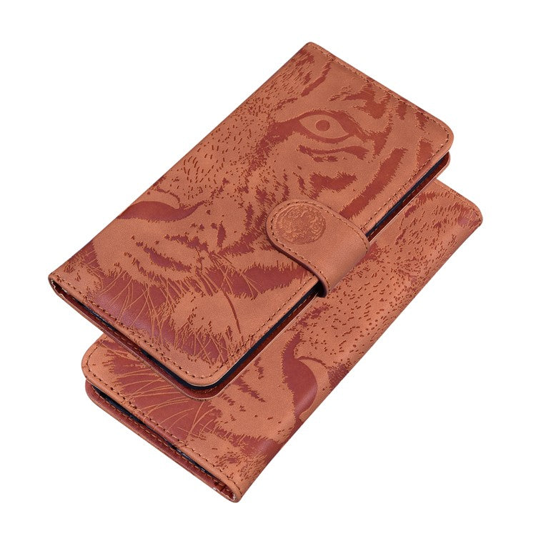 Tiger Imprinted PU Leather Phone Flip Case Cover with Wallet Stand for Google Pixel 6 Pro - Brown