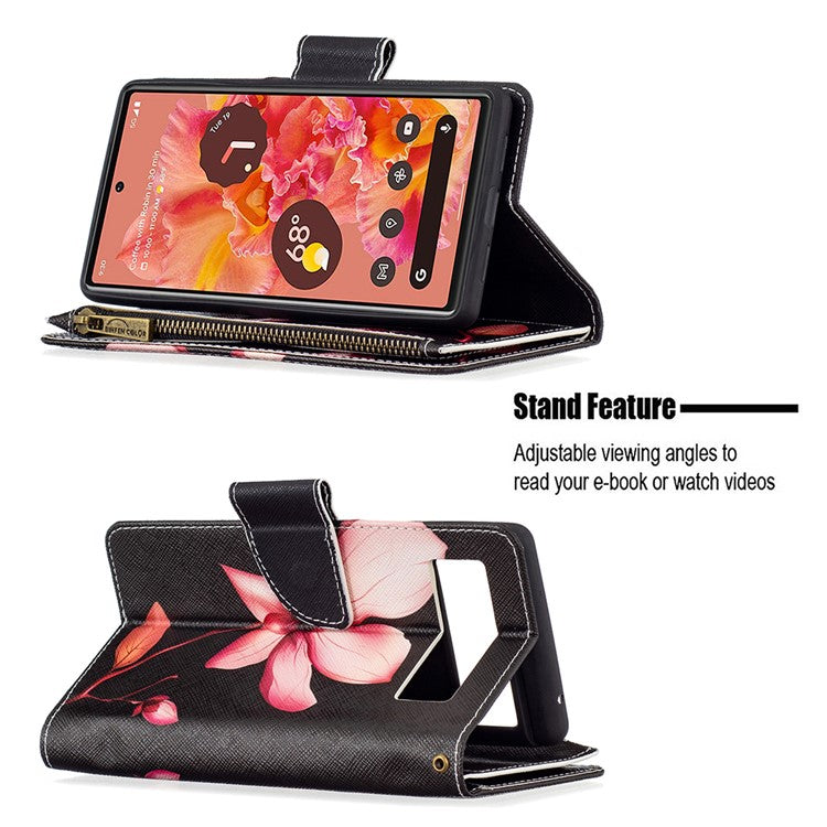 BF03 Pattern Printing PU Leather Zipper Wallet Case Folio Flip Stand Cover with Strap for Google Pixel 6 - Flower