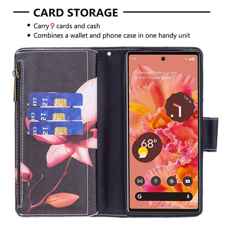 BF03 Pattern Printing PU Leather Zipper Wallet Case Folio Flip Stand Cover with Strap for Google Pixel 6 - Flower