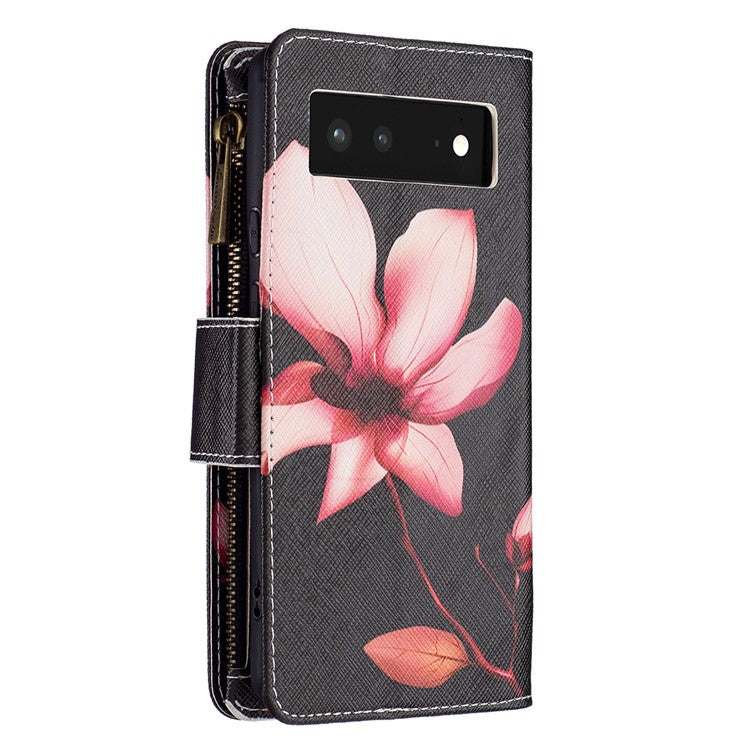 BF03 Pattern Printing PU Leather Zipper Wallet Case Folio Flip Stand Cover with Strap for Google Pixel 6 - Flower