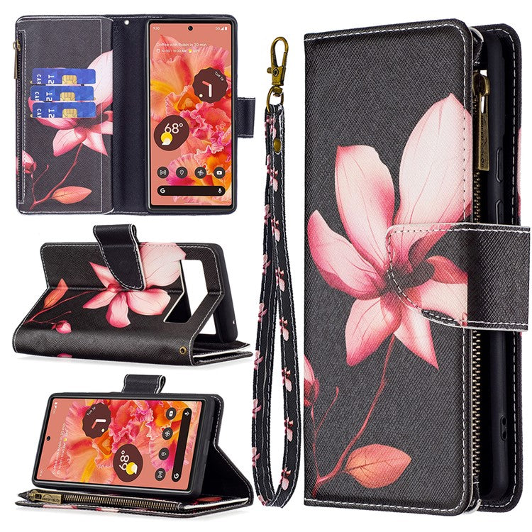 BF03 Pattern Printing PU Leather Zipper Wallet Case Folio Flip Stand Cover with Strap for Google Pixel 6 - Flower