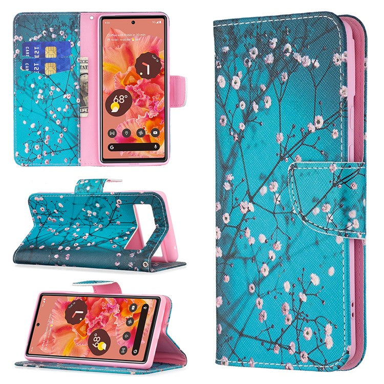 Pattern Printing PU Leather Wallet Folio Flip Cover Shockproof TPU Interior Stand Case for Google Pixel 6 - Plum Blossom