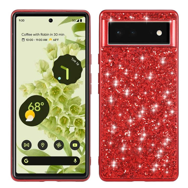 Glitter Electroplating TPU Bumper + Hard PC Back Panel Hybrid Phone Case Cover for Google Pixel 6 Pro - Red