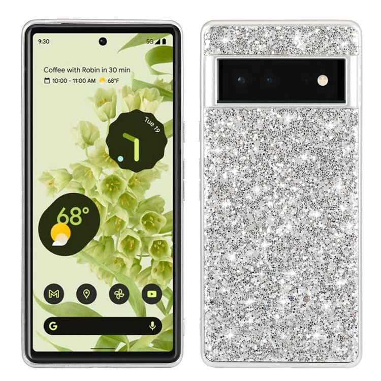 Glitter Electroplating TPU Bumper + Hard PC Back Panel Hybrid Phone Case Cover for Google Pixel 6 Pro - Silver