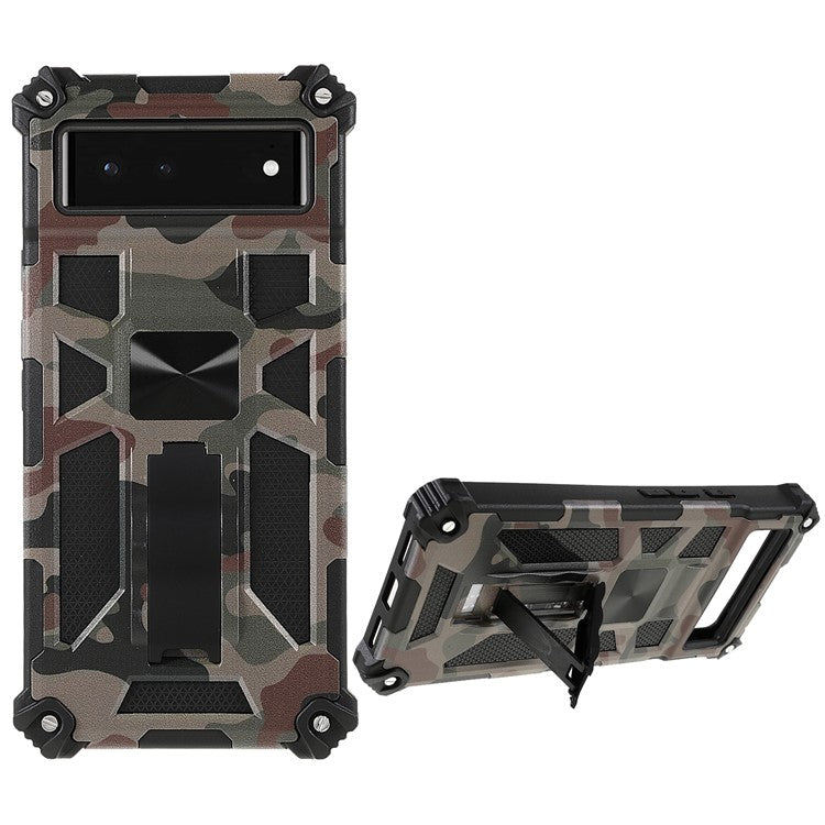 Camouflage Design Dual Layer Soft TPU Hard PC Protective Case with Kickstand for Google Pixel 6 - Army Green