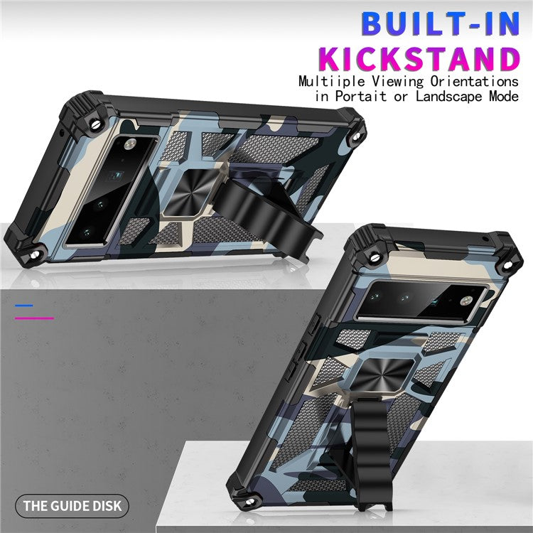 Camouflage Design PC + TPU Anti-fall Phone Case Kickstand Protective Cover Built-in Metal Sheet for Google Pixel 6 Pro - Light Green
