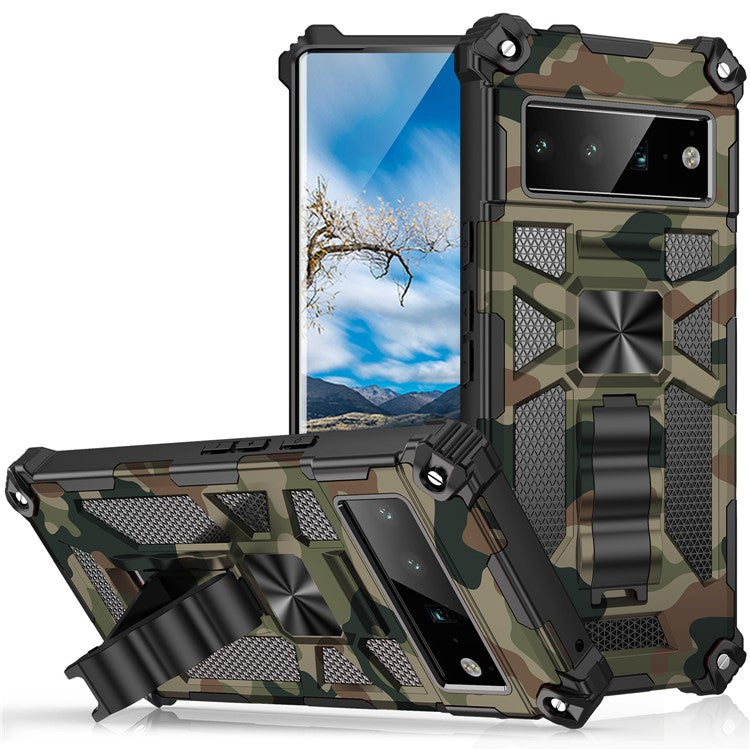 Camouflage Design PC + TPU Anti-fall Phone Case Kickstand Protective Cover Built-in Metal Sheet for Google Pixel 6 Pro - Army Green