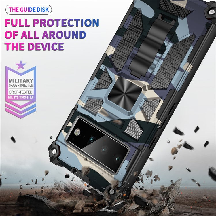 Camouflage Design PC + TPU Anti-fall Phone Case Kickstand Protective Cover Built-in Metal Sheet for Google Pixel 6 Pro - Army Green