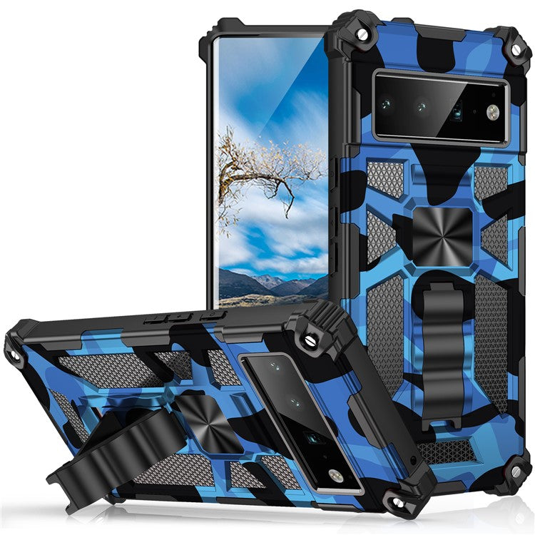 Camouflage Design PC + TPU Anti-fall Phone Case Kickstand Protective Cover Built-in Metal Sheet for Google Pixel 6 Pro - Dark Blue