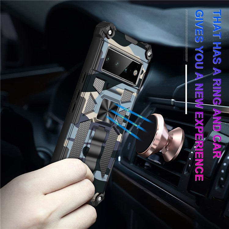 Camouflage Design PC + TPU Anti-fall Phone Case Kickstand Protective Cover Built-in Metal Sheet for Google Pixel 6 Pro - Dark Blue