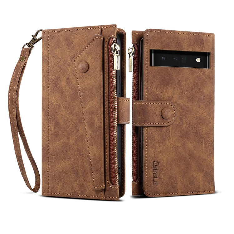 ESEBLE Multifunction Zippered Pocket Full Body Protection Stand Wallet Phone Cover with Wrist Strap for Google Pixel 6a - Brown
