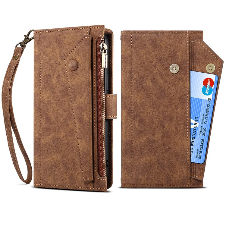 ESEBLE Multifunction Zippered Pocket Full Body Protection Stand Wallet Phone Cover with Wrist Strap for Google Pixel 6a - Brown