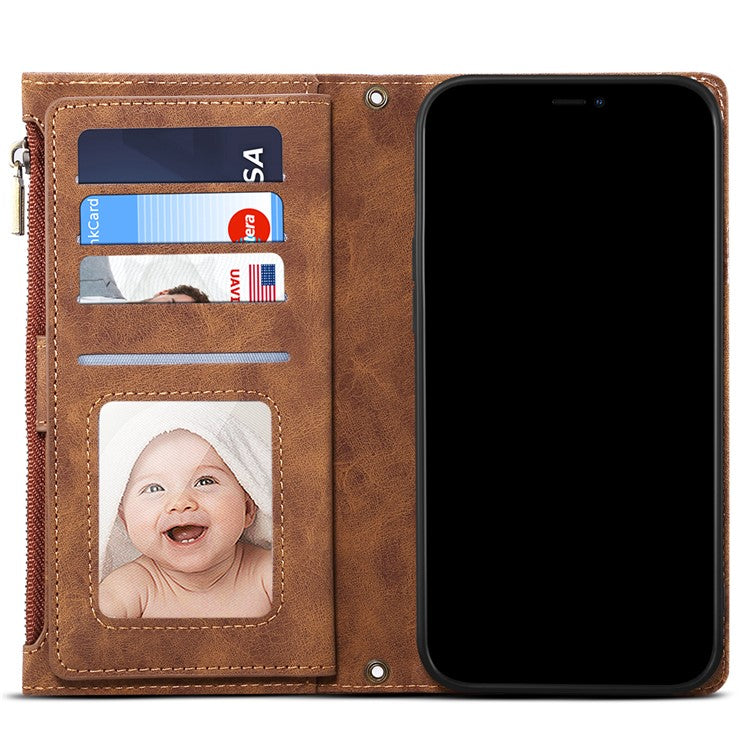 ESEBLE Multifunction Zippered Pocket Full Body Protection Stand Wallet Phone Cover with Wrist Strap for Google Pixel 6a - Brown