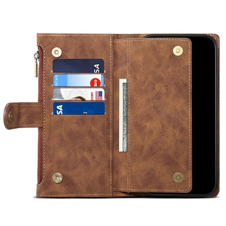 ESEBLE Multifunction Zippered Pocket Full Body Protection Stand Wallet Phone Cover with Wrist Strap for Google Pixel 6a - Brown