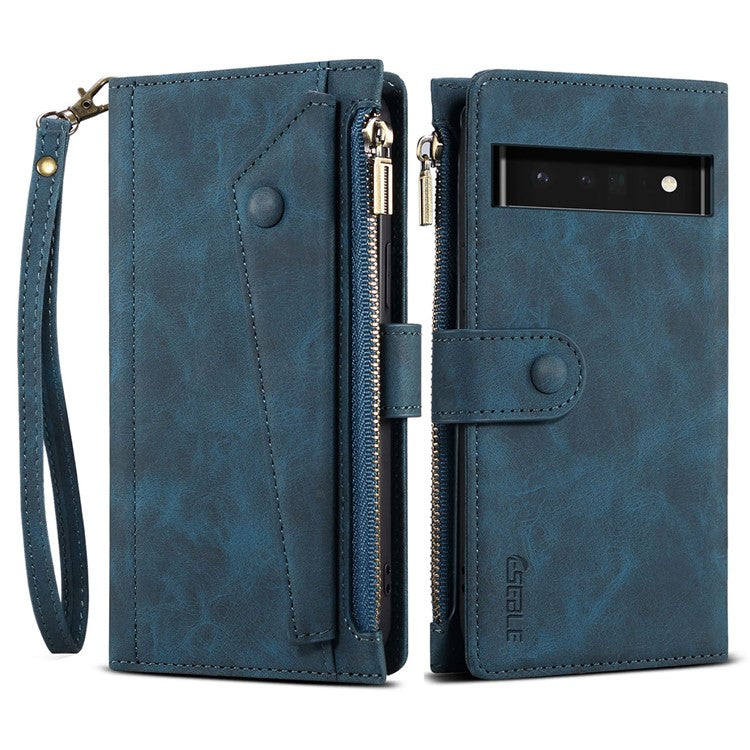ESEBLE Multifunction Zippered Pocket Full Body Protection Stand Wallet Phone Cover with Wrist Strap for Google Pixel 6a - Blue