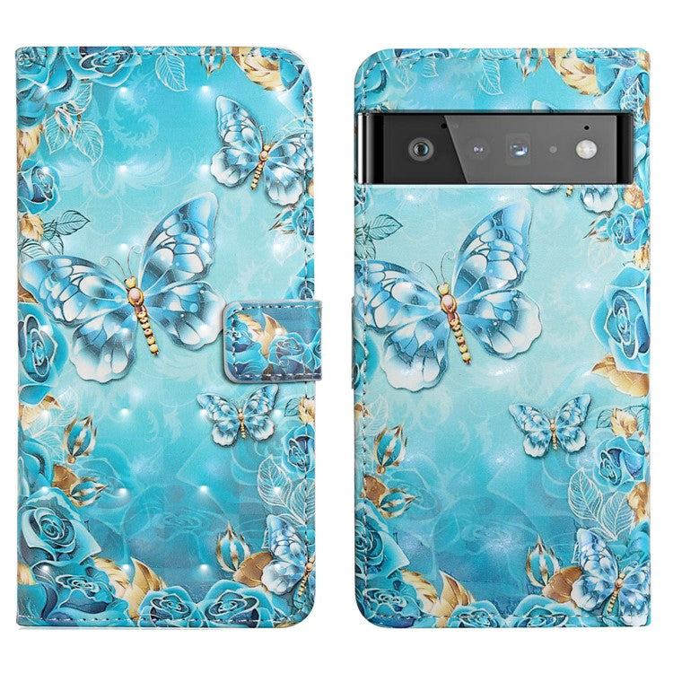 Pattern Printing Light Spot Decor Full Protection Leather Case Phone Cover with Stand Wallet for Google Pixel 6 - Blue Gold Butterfly