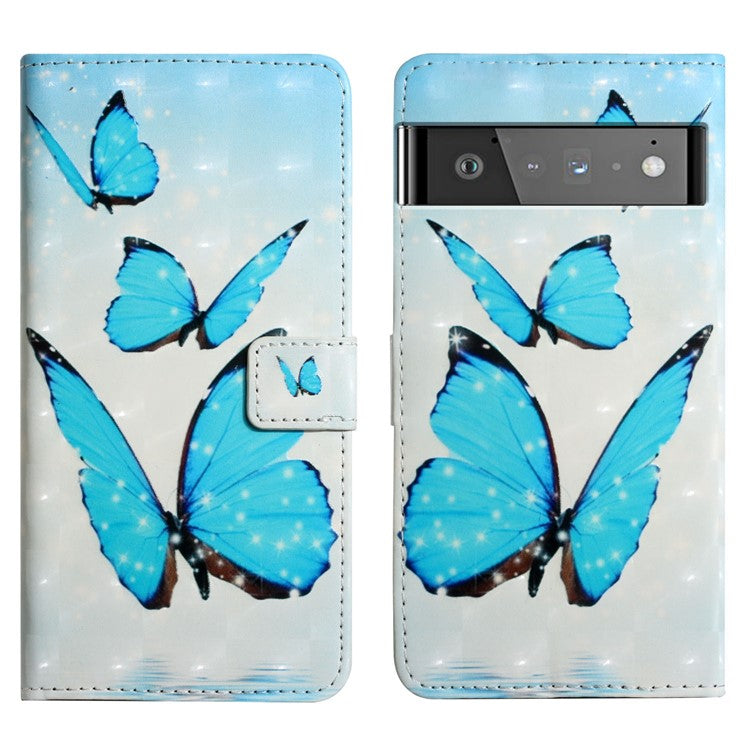 Pattern Printing Light Spot Decor Full Protection Leather Case Phone Cover with Stand Wallet for Google Pixel 6 - Blue Butterfly