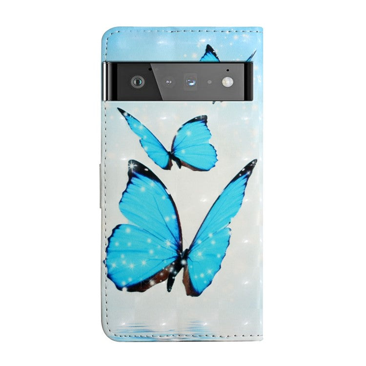 Pattern Printing Light Spot Decor Full Protection Leather Case Phone Cover with Stand Wallet for Google Pixel 6 - Blue Butterfly