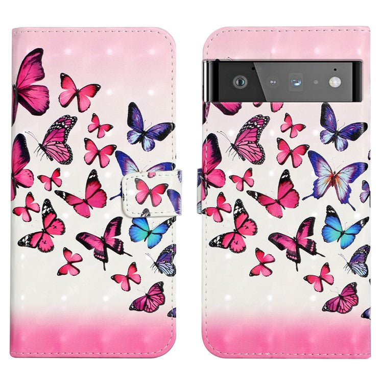 Pattern Printing Light Spot Decor Full Protection Leather Case Phone Cover with Stand Wallet for Google Pixel 6 - Pink Blue Butterfly
